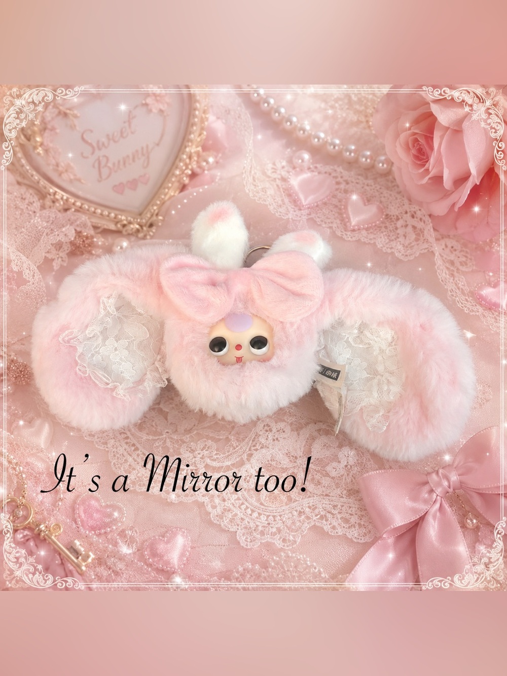 Baby Three Vanity Mirror V2 Compact Cute Kawaii Pink Long Ear Bunny with Lace